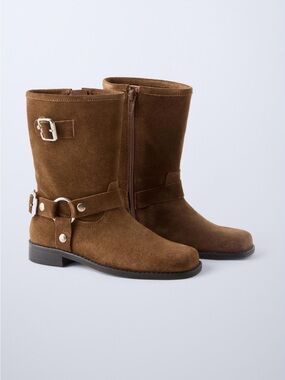 New Zara Girls Genuine Suede Brown Tan Cowboy Boots Mid-Calf  Sz 38 Us 5.5